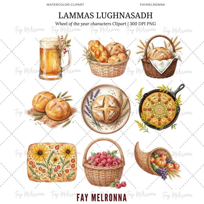 May include: Watercolor clipart depicting Lammas Lughnasadh symbols. The image shows a pint of beer, baskets of bread, a loaf of bread on a plate, a cast iron pan with a decorated dish, a basket of raspberries, and a cornucopia filled with fruits and vegetables.