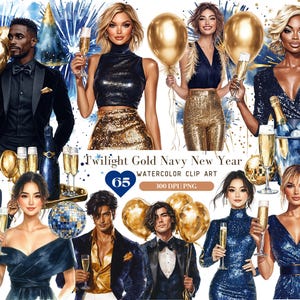 Paquete de imágenes prediseñadas PNG de celebración de Año Nuevo en acuarela, dorado metálico, azul marino, diseño PNG de feliz Año Nuevo glamoroso para uso comercial con manualidades por sublimación