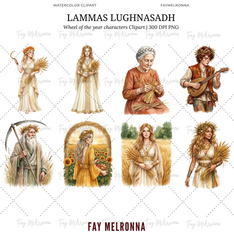 May include: Watercolor clipart depicting Lammas Lughnasadh characters. The image shows illustrations of figures with wheat, a scythe, and musical instruments. The color palette includes beige, gold, and green tones. The text "Wheel of the year characters Clipart" is visible.