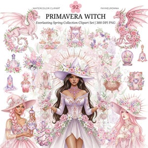 Primavera häxa akvarell clipart bunt, vårhäxa, romantisk häxkonst, mytiska djur, Witchcore PNG, eterisk magi, drottninggudinna