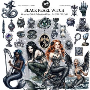 Könnte beinhalten: Ein digitales Aquarell-Clipart-Set mit dem Titel "Black Pearl Witch", das verschiedene mystische Elemente zeigt. Die Sammlung umfasst Illustrationen von Meerjungfrauen, einer Schlange mit Hexenhut und anderen Fantasy-Objekten. Der Text "Gemstone Witch Collection Clipart Set | 300 DPI PNG" ist ebenfalls vorhanden.