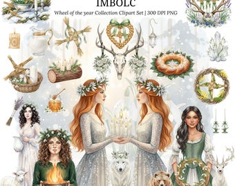 May include: Watercolor clipart set featuring Imbolc-themed illustrations. The image includes women, animals, candles, wreaths, and other decorative elements. The text "IMBOLC" and "Wheel of the year Collection Clipart Set" are also visible.