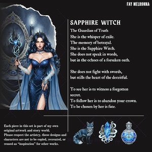 May include: Digital artwork featuring a woman in a blue gown, holding a staff with a lightning bolt design. The text "SAPPHIRE WITCH" is displayed, along with descriptive text. Additional illustrations of a wolf, crystals, and a potion bottle are included.