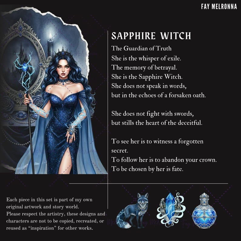 May include: Digital artwork featuring a woman in a blue gown, holding a staff with a lightning bolt design. The text "SAPPHIRE WITCH" is displayed, along with descriptive text. Additional illustrations of a wolf, crystals, and a potion bottle are included.