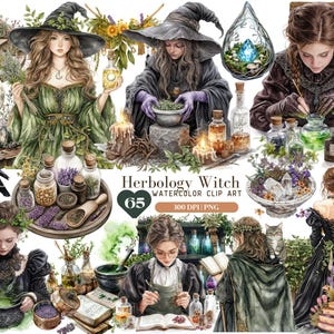 May include: A digital illustration set of 65 watercolor clip art images featuring witches, potions, herbs, and other magical elements. The images are 300 DPI and in PNG format. The set is titled "Herbology Witch Watercolor Clip Art".