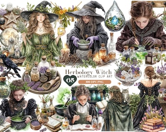 Watercolor Herbology Witch Clipart, Gothic Witch PNG, Herbal Apothecary, Green Witch, Halloween, Wicca Sticker, Botanical, Mystical Forest