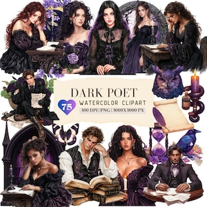 Zestaw akwarelowych clipartów Dark Poet, Gothic Writer PNG, Vintage Planner, naklejki Dark Academia, Scholar, Romantyczny wiktoriański, Użytek komercyjny
