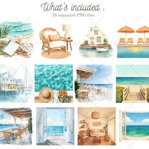 May include: A watercolor illustration set of 76 PNG files featuring beach scenes, including a beach house, a patio with chairs and tables, a lounge chair, a pool, and a view of the ocean.