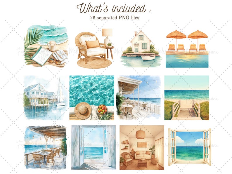 May include: A watercolor illustration set of 76 PNG files featuring beach scenes, including a beach house, a patio with chairs and tables, a lounge chair, a pool, and a view of the ocean.