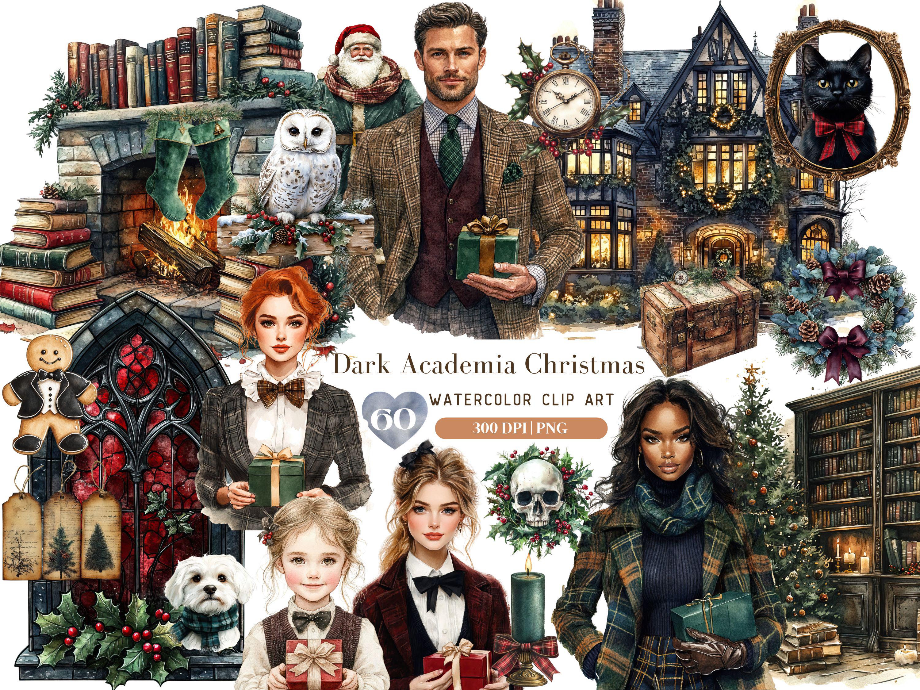 Watercolor Christmas Clipart, Dark Academia Xmas Clip Art, Christmas ...