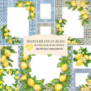 Clipart de bordure de cadre méditerranéen aquarelle, carte carreau de citron, Sicile, Grèce, Italie, Amalfi, journal indésirable, autocollant, scrapbooking, publicité