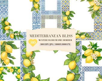Akvarell Medelhavsram Clipart, Kort Citron Kakel, Sicilien, Grekland, Italien, Amalfi, Skräpjournal, Klistermärke, Scrapbook, Kommersiell