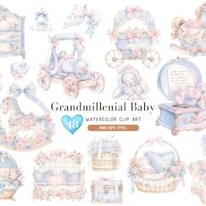 Aquarell Grandmillennial Baby Clipart Bundle, Pastell Baby Spielzeug Clip Art, Preppy PNG-Set, Baby-Dusche-Einladung Clipart, Kinderzimmer Dekor