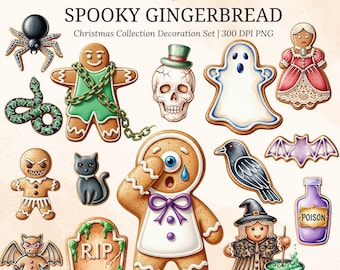 Gruselige Lebkuchen Weihnachten PNG | Gothic Lebkuchen | Weihnachten Clipart | Halloween-Leckereien PNG Set | Dunkle Feiertags-Back-Grafiken