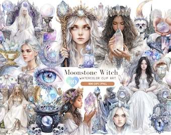 Watercolor Moonstone Witch Clipart, Gothic Witch ClipArt, Opal Gemstone Queen Graphic PNG, Halloween Clipart, Wicca Sticker, DigitalDownload