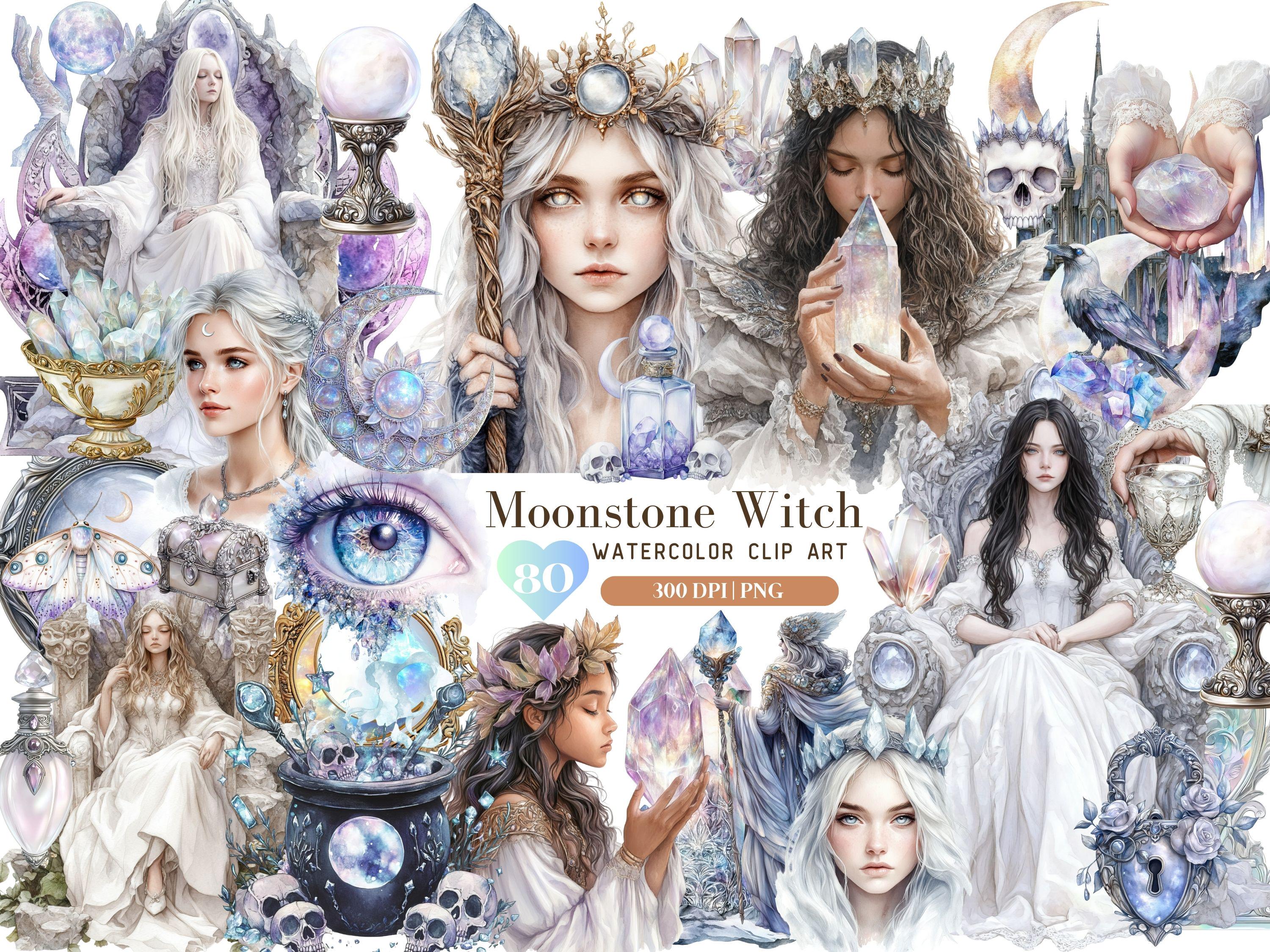 Watercolor Moonstone Witch Clipart, Gothic Witch ClipArt, Opal Gemstone Queen Graphic PNG, Halloween Clipart, Wicca Sticker, DigitalDownload