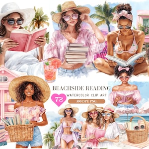 Aquarelle lecture des cliparts au bord de la plage, clipart été rose, copines livresques amusant plage autocollant PNG, clipart vacances vacances, Junk Journal