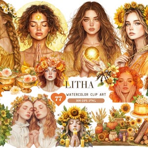 Watercolor Litha Spiritual Clipart, Pagan witch ClipArt,Goddess Fairy Queen Summer Solstice, Wicca Clipart,Celtic neopagan wiccan,witchcraft