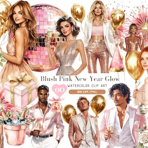 Paquete de imágenes prediseñadas PNG de celebración de Año Nuevo con rubor rosa y dorado rosa, diseño PNG de feliz Año Nuevo glamoroso para uso comercial con manualidades de sublimación