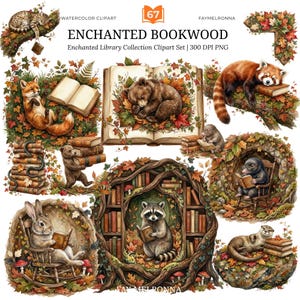 May include: A digital watercolor clipart set titled Enchanted Bookwood featuring various animals including a fox, bear, raccoon, and rabbit interacting with books, autumn leaves, and tree elements in a woodland library theme with 300 DPI PNG.