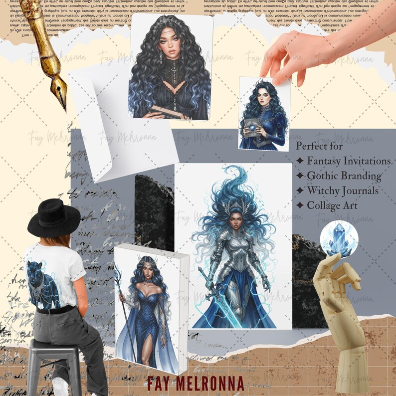May include: A collage featuring fantasy art prints with female characters, including a woman with blue hair and armor, and another in a blue gown. The text "FAY MELRONNA" is at the bottom. The image is perfect for fantasy invitations, gothic branding, witchy journals, and collage art.