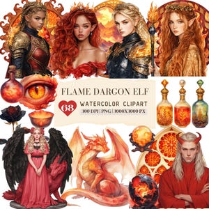 Aquarel vlam draak elf clipart, gotische Dragoncore, Elven Fire Crimson Inferno Queen Knight grafische png, Halloween-heks, digitale download