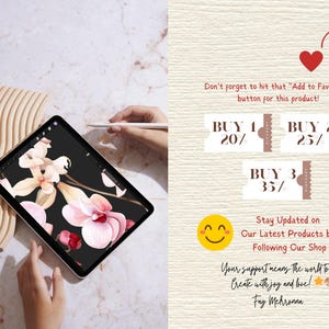 May include: A digital illustration of pink orchids on a black background displayed on a tablet. The image is accompanied by a text overlay with a discount offer for buying multiple digital downloads: Buy 1 for 20% off, Buy 2 for 25% off, Buy 3 for 35% off.