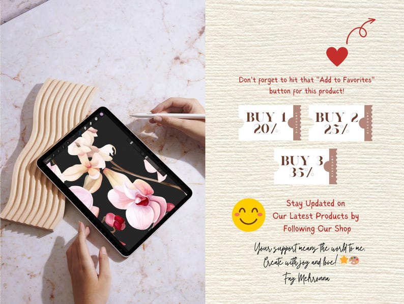 May include: A digital illustration of pink orchids on a black background displayed on a tablet. The image is accompanied by a text overlay with a discount offer for buying multiple digital downloads: Buy 1 for 20% off, Buy 2 for 25% off, Buy 3 for 35% off.