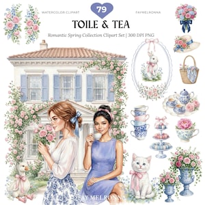 Puede incluir: Conjunto de imágenes prediseñadas de acuarela titulado "Toile & Tea" con una colección romántica de primavera. La imagen incluye ilustraciones de mujeres, una casa, flores, tazas de té, un gato y un conejo. La paleta de colores es suave, con rosas, azules y blancos.