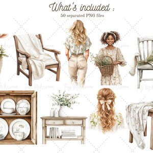 May include: A set of 50 watercolor illustrations featuring a variety of farmhouse and cottagecore elements, including a white sheep, a wooden chair with a white blanket, a floral dress, a wooden table with a vase of flowers, and a wooden cabinet with plates and bowls.