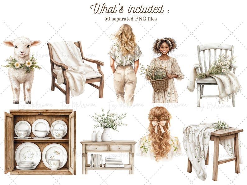 May include: A set of 50 watercolor illustrations featuring a variety of farmhouse and cottagecore elements, including a white sheep, a wooden chair with a white blanket, a floral dress, a wooden table with a vase of flowers, and a wooden cabinet with plates and bowls.