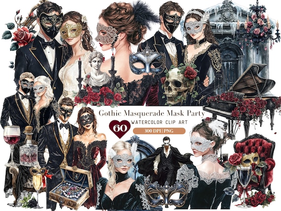 Watercolor Gothic Masquerade Mask Party PNG Clipart Bundle, Dark Luxe glam Happy New year PNG Design for Sublimation Craft Commercial Use
