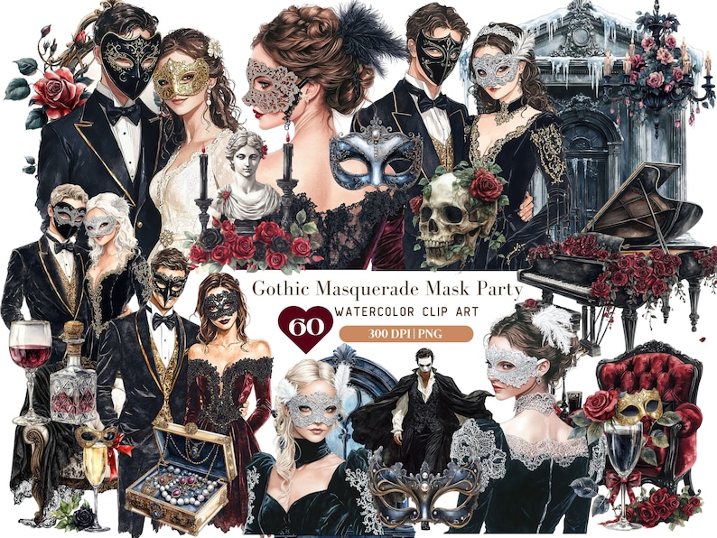 May include: A set of 60 watercolour clip art images featuring gothic masquerade masks, a skull, a piano, a couple in formal attire, and other decorative elements. The images are 300 DPI and in PNG format.