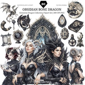 May include: A digital clipart set titled OBSIDIAN BONE DRAGON featuring watercolor illustrations of dragons, ornate gothic arches, magical artifacts, books, potions, and four distinct characters with horns and dark, intricate attire.