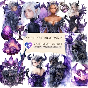 Aquarel Amethyst Dragonkin Clipart, Gothic Dragoncore, Violet Gemstone Inferno Queen Knight grafische PNG, Halloween-heks, DigitalDownload