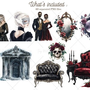 May include: A set of digital illustrations featuring a gothic masquerade theme. The illustrations include a couple in masquerade attire, a skull with roses, a vintage armchair, a sofa, a mirror, a mausoleum, a bottle of wine, a glass of champagne, and candlesticks.