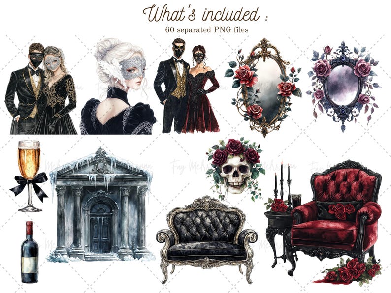 May include: A set of digital illustrations featuring a gothic masquerade theme. The illustrations include a couple in masquerade attire, a skull with roses, a vintage armchair, a sofa, a mirror, a mausoleum, a bottle of wine, a glass of champagne, and candlesticks.