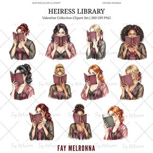May include: Watercolor clipart set titled "Heiress Library" featuring illustrations of women reading books. The women are depicted with various hairstyles and are wearing lingerie and sheer robes. The Valentine Collection Clipart Set is 300 DPI PNG.