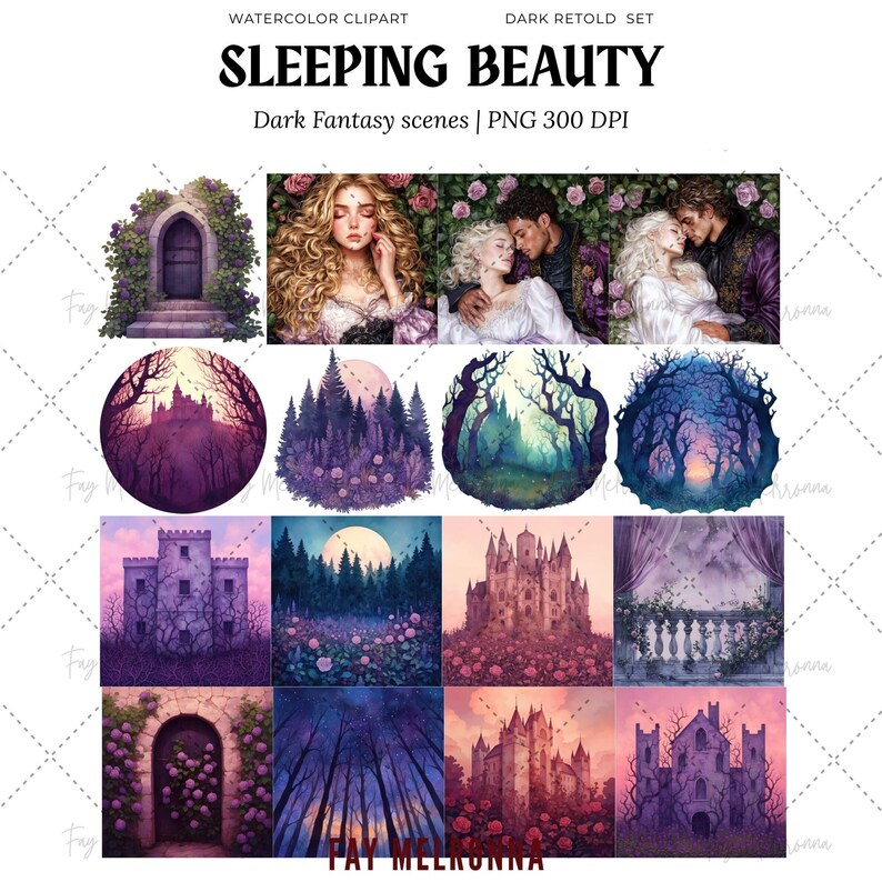 Puede incluir: Una colecci&oacute;n de im&aacute;genes predise&ntilde;adas de acuarela con tem&aacute;tica de fantas&iacute;a oscura. Las im&aacute;genes incluyen escenas de castillos, bosques y retratos, con el texto "SLEEPING BEAUTY" y "Dark Fantasy scenes | PNG 300 DPI".