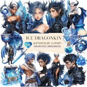 Aquarel Ice Dragonkin Clipart, Gothic Dragoncore, Ice Snow Winter Azure Queen Knight grafische PNG, Halloween Dragon-heks, DigitalDownload