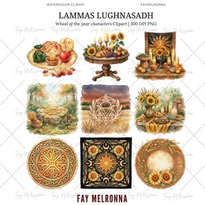 May include: Watercolor clipart featuring Lammas Lughnasadh imagery. The image includes illustrations of a table with bread, fruit, and candles, a stone altar, a wheat field with a geometric design, and a wreath with sunflowers. The text "LAMMAS LUGHNASADH" is visible.