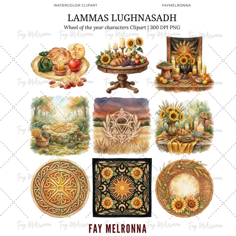 May include: Watercolor clipart featuring Lammas Lughnasadh imagery. The image includes illustrations of a table with bread, fruit, and candles, a stone altar, a wheat field with a geometric design, and a wreath with sunflowers. The text "LAMMAS LUGHNASADH" is visible.