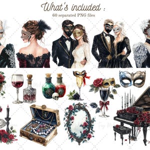 May include: A set of watercolour illustrations featuring a masquerade ball theme. The illustrations include couples in formal attire, masks, a skull, a piano, a bottle of potion, a glass of wine, a jewellery box, and a mirror. The illustrations are in a dark and romantic style.