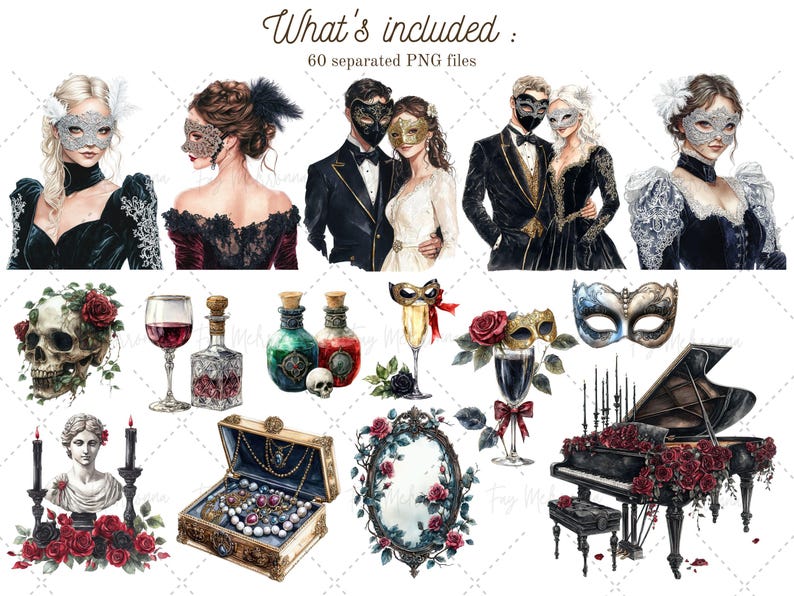 May include: A set of watercolour illustrations featuring a masquerade ball theme. The illustrations include couples in formal attire, masks, a skull, a piano, a bottle of potion, a glass of wine, a jewellery box, and a mirror. The illustrations are in a dark and romantic style.