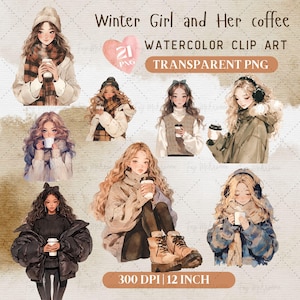 Wintermeisje met haar koffie clipartbundel, koffiesticker, digitale planners, junkjournal, geheugenboek, plakboek, aquarel png, eten png