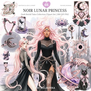 Może przedstawiać: Zestaw clipartów akwarelowych zatytułowany "Noir Lunar Princess". Obraz przedstawia ilustracje kobiet z różowymi włosami, księżycami, gwiazdami i czarnym kotem z różową kokardą. Tekst zawiera "Dark Retold Tales Collection Clipart Set | 300 DPI PNG."