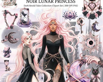 Noir Lunar Princess Akvarell Clipart, Dark Celestia, Magisk Gotisk Fantasy PNG Bundle, Mörk Fe Häxa Ond Drottning, Dark Academia Halloween