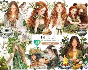 May include: Watercolor clip art set of 82 images depicting the Imbolc festival. The images feature women, animals, and nature elements, including a deer, a lamb, a bear, a fire, and a candle. The images are in a whimsical style and are perfect for creating digital or printed projects.