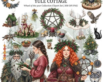 May include: Watercolor clipart set titled "Yule Cottage" featuring various winter and holiday-themed illustrations. Includes images of a wreath, a pentagram, a woman, a wolf, a black cat, and other festive elements. The text "Wheel of the year Collection Clipart Set" is also visible.