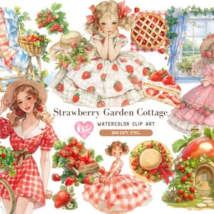 Paquete de imágenes prediseñadas de acuarela fresa chica, jardín estilo Cottagecore campo cabaña postre rústico PNG diseño gráfico, descarga digital